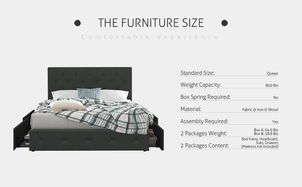 Upholstered Platform Bed Frame with 4 Storage Drawers